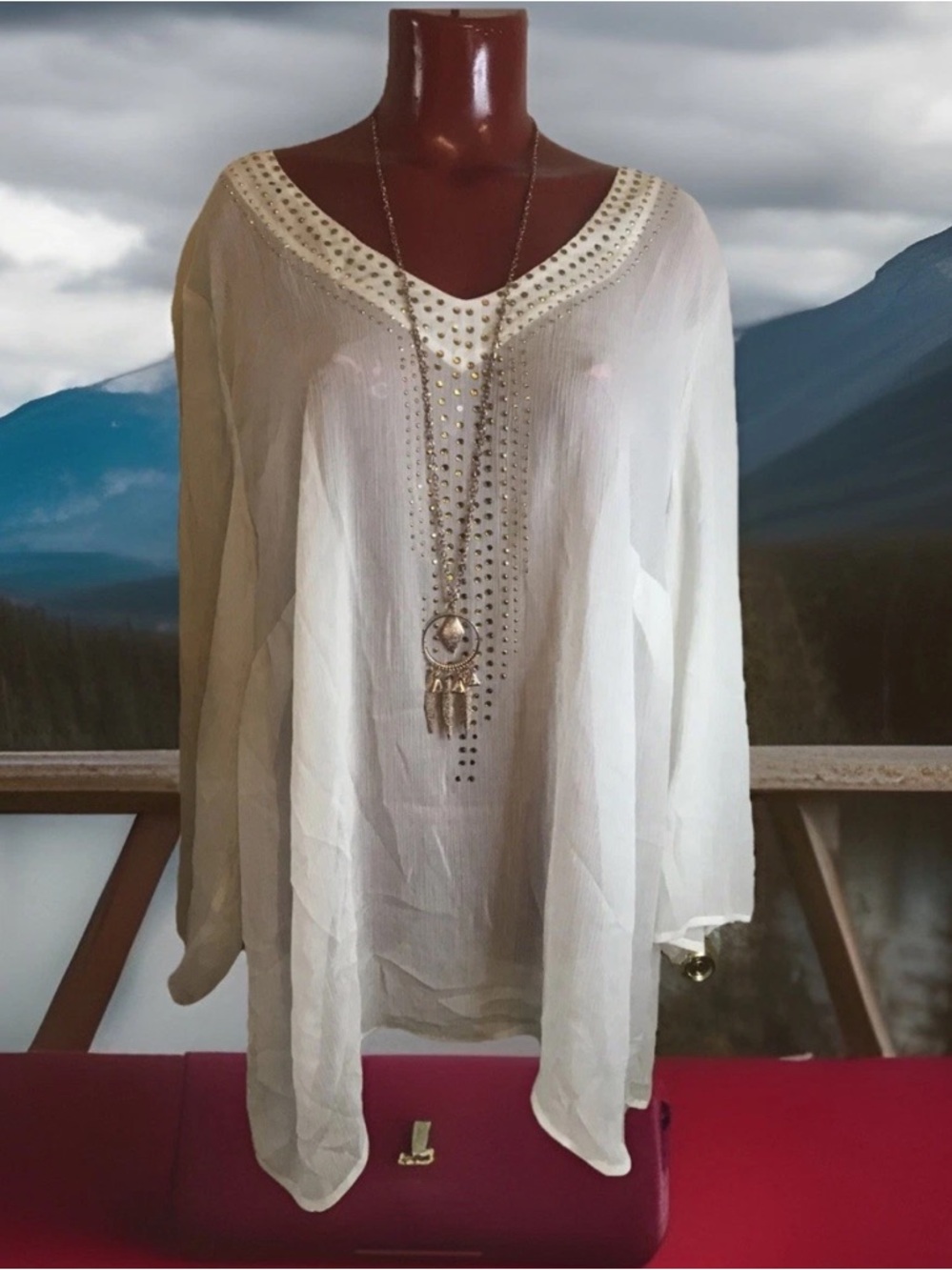 Added Dimensions Catherines White Sheer Top RhineSTONES Bodice- Plus 2X 22/24W